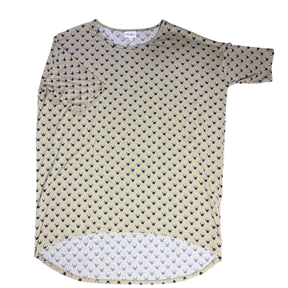 LuLaRoe Tunic Top M Medium Gold Beige Mickey‎ Mouse Print Round Hem Short Sleeve